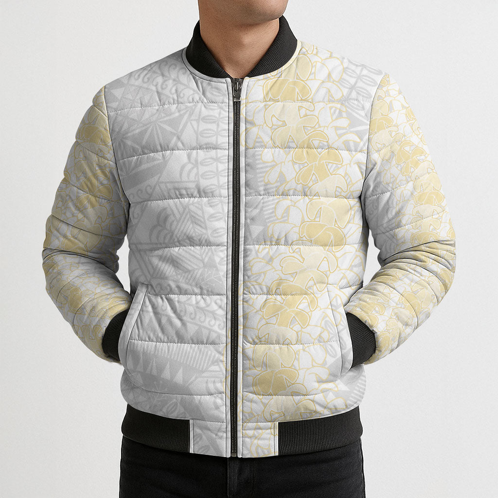 Niue White Sunday Bomber Puffer Jacket Niuean Hiapo With Puakenikeni Lei