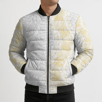 Niue White Sunday Bomber Puffer Jacket Niuean Hiapo With Puakenikeni Lei