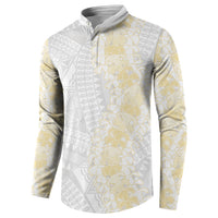 Niue White Sunday Button Sweatshirt Niuean Hiapo With Puakenikeni Lei