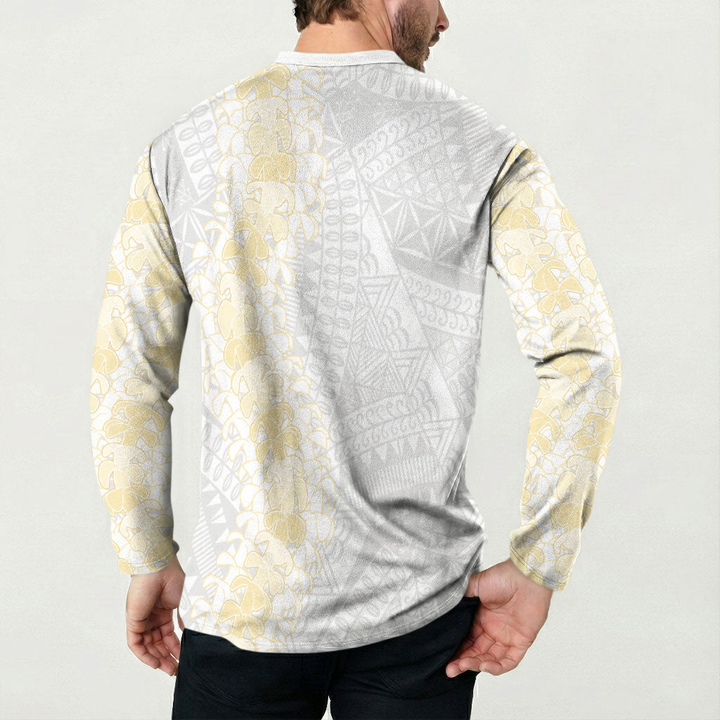 Niue White Sunday Button Sweatshirt Niuean Hiapo With Puakenikeni Lei