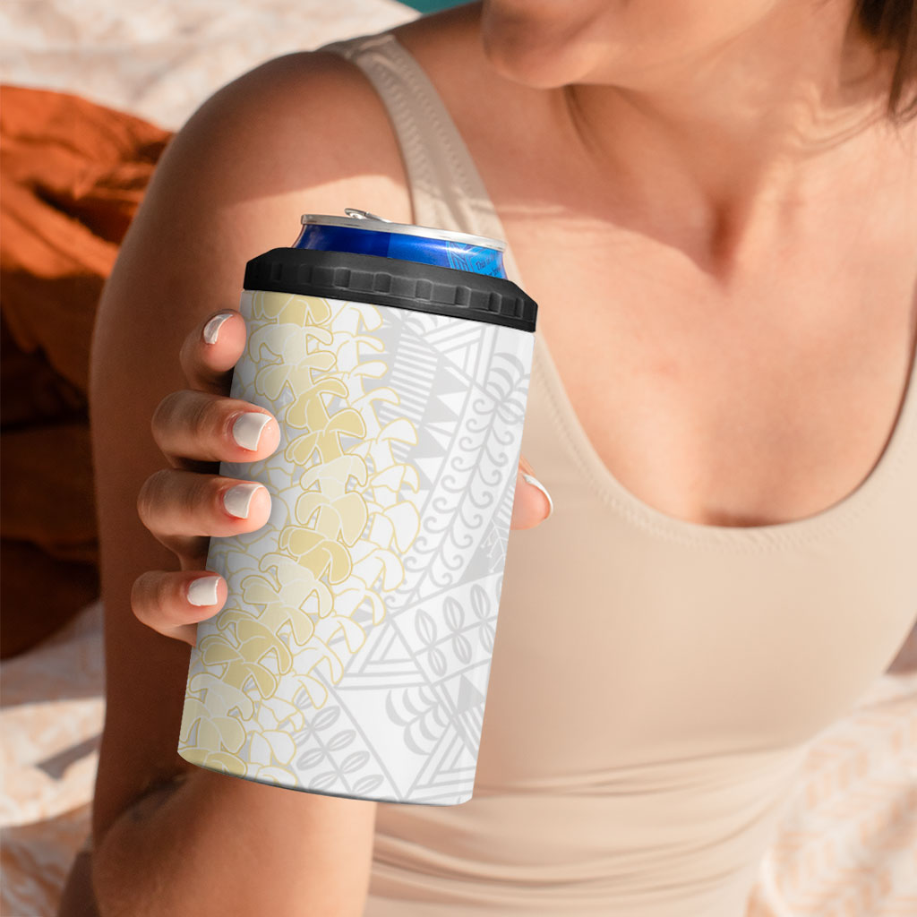 Niue White Sunday 4 in 1 Can Cooler Tumbler Niuean Hiapo With Puakenikeni Lei