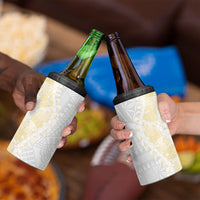 Niue White Sunday 4 in 1 Can Cooler Tumbler Niuean Hiapo With Puakenikeni Lei