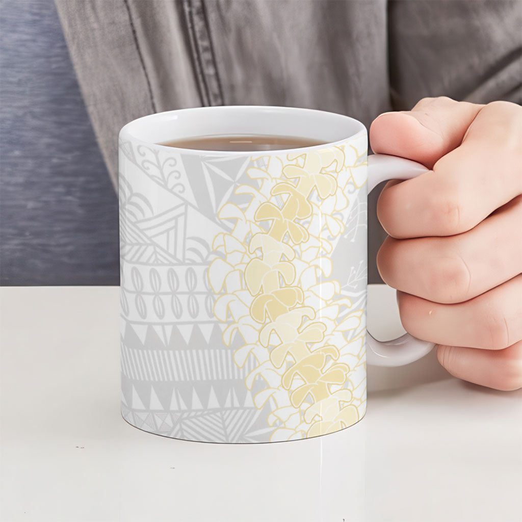 Niue White Sunday Ceramic Mug Niuean Hiapo With Puakenikeni Lei