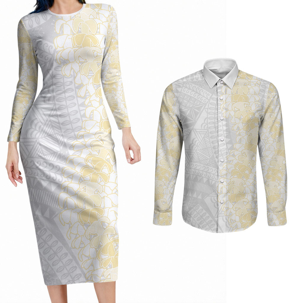 Niue White Sunday Couples Matching Long Sleeve Bodycon Dress and Long Sleeve Button Shirt Niuean Hiapo With Puakenikeni Lei