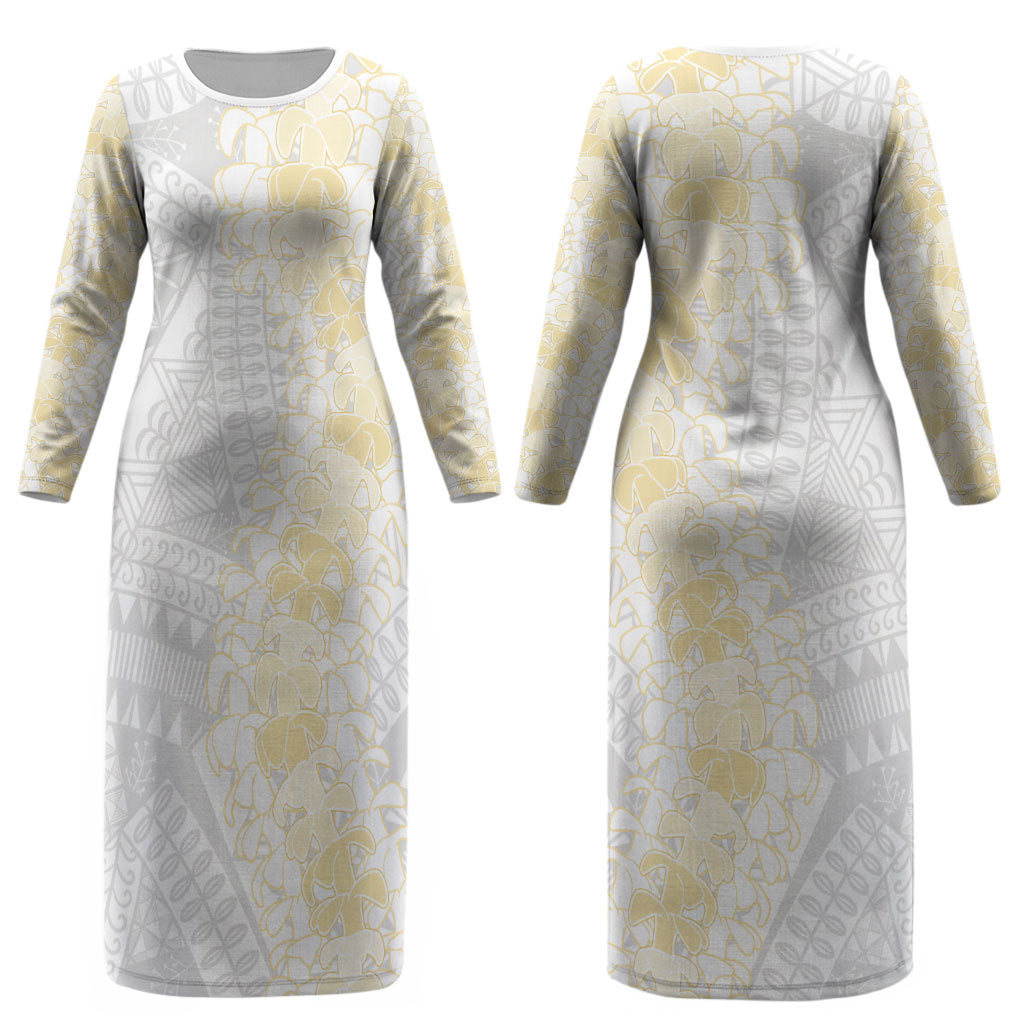 Niue White Sunday Couples Matching Long Sleeve Bodycon Dress and Long Sleeve Button Shirt Niuean Hiapo With Puakenikeni Lei