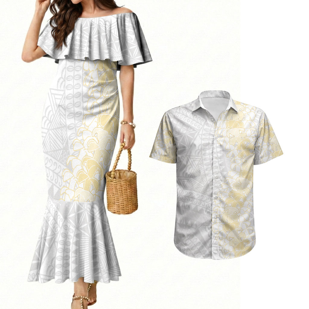 Niue White Sunday Couples Matching Mermaid Dress and Hawaiian Shirt Niuean Hiapo With Puakenikeni Lei