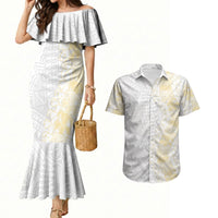 Niue White Sunday Couples Matching Mermaid Dress and Hawaiian Shirt Niuean Hiapo With Puakenikeni Lei