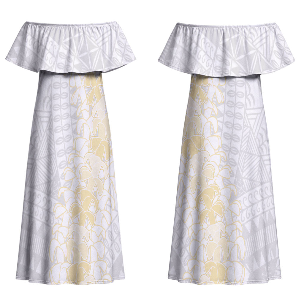 Niue White Sunday Couples Matching Off Shoulder Maxi Dress and Hawaiian Shirt Niuean Hiapo With Puakenikeni Lei