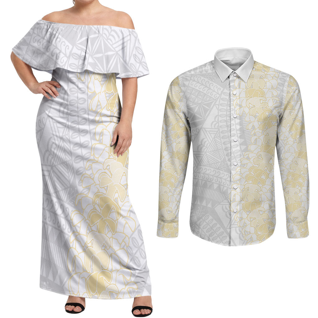 Niue White Sunday Couples Matching Off Shoulder Maxi Dress and Long Sleeve Button Shirt Niuean Hiapo With Puakenikeni Lei