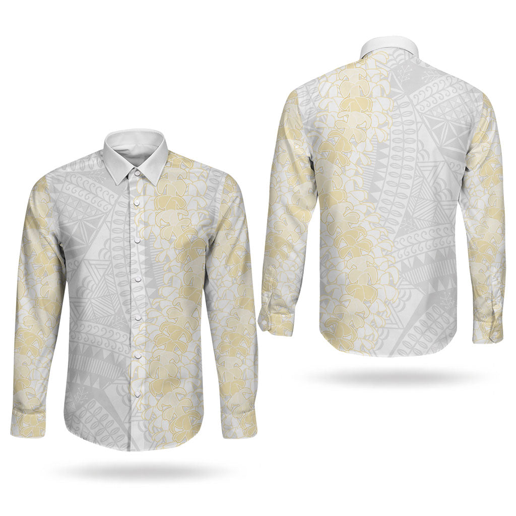 Niue White Sunday Couples Matching Off Shoulder Maxi Dress and Long Sleeve Button Shirt Niuean Hiapo With Puakenikeni Lei