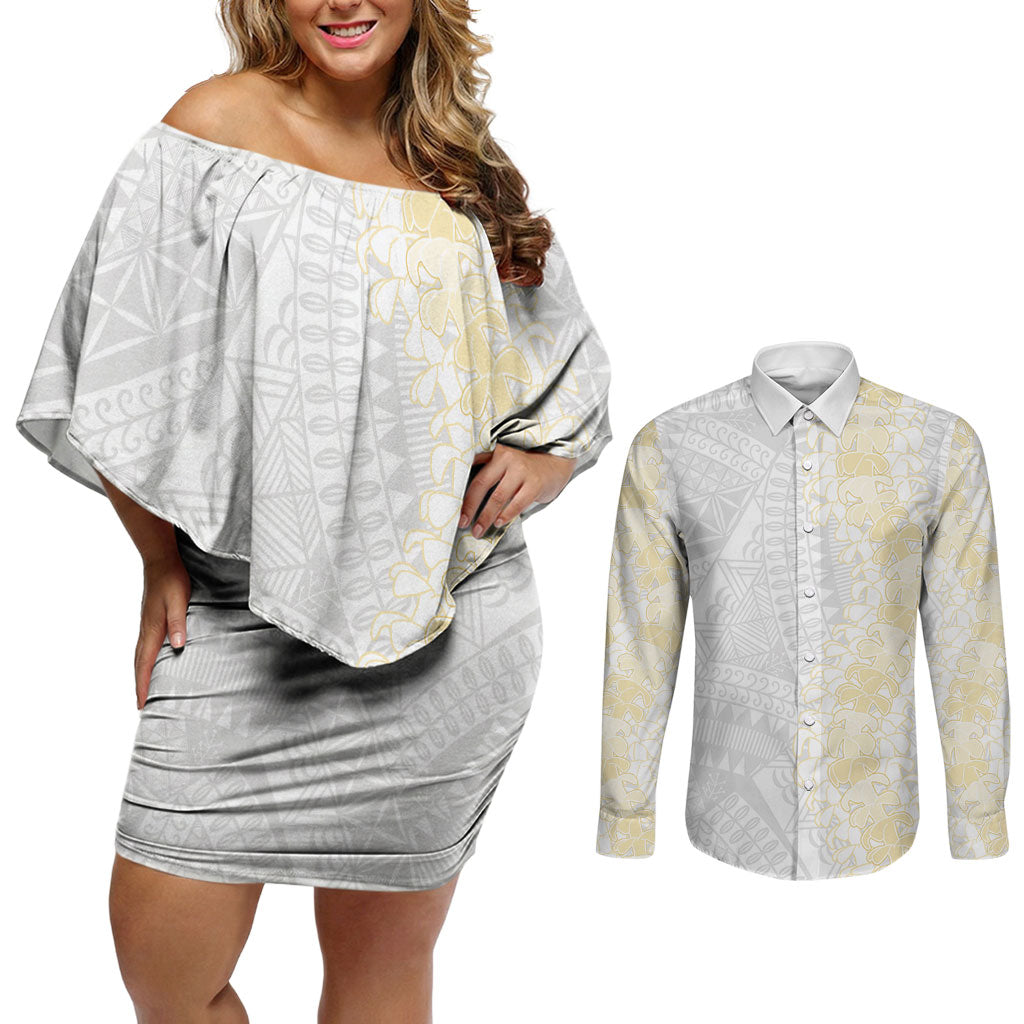 Niue White Sunday Couples Matching Off Shoulder Short Dress and Long Sleeve Button Shirt Niuean Hiapo With Puakenikeni Lei