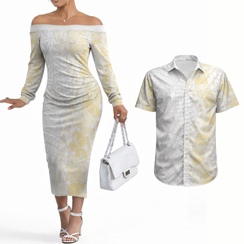 Niue White Sunday Couples Matching Off The Shoulder Long Sleeve Dress and Hawaiian Shirt Niuean Hiapo With Puakenikeni Lei