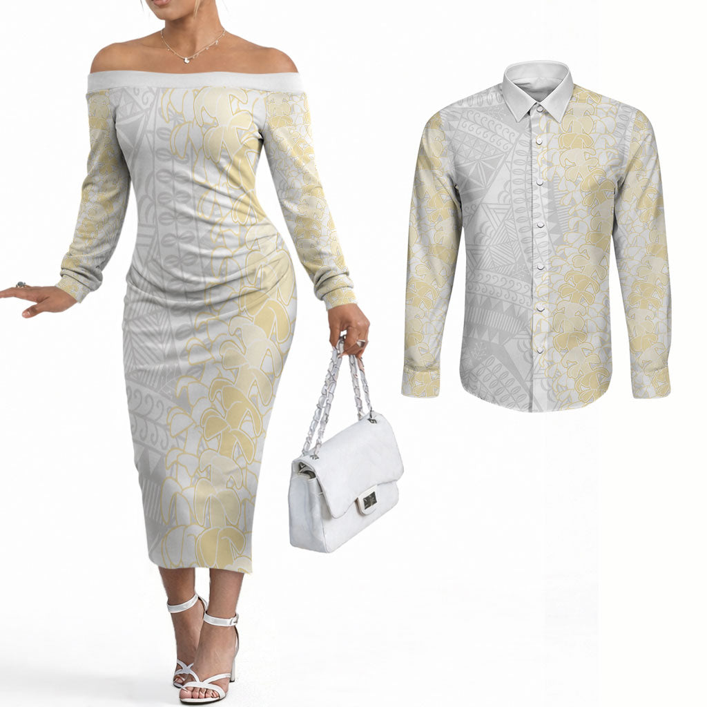 Niue White Sunday Couples Matching Off The Shoulder Long Sleeve Dress and Long Sleeve Button Shirt Niuean Hiapo With Puakenikeni Lei