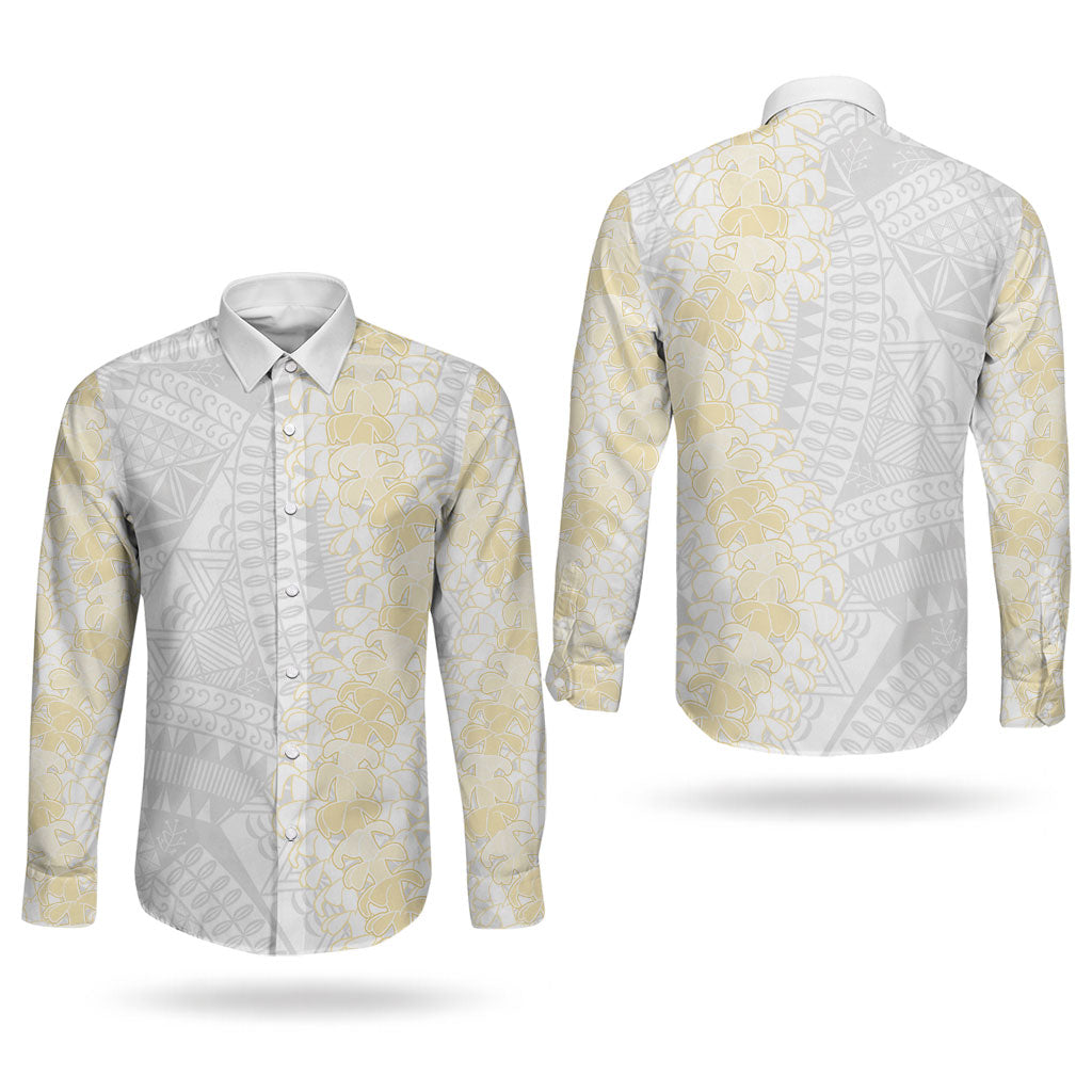 Niue White Sunday Couples Matching Off The Shoulder Long Sleeve Dress and Long Sleeve Button Shirt Niuean Hiapo With Puakenikeni Lei