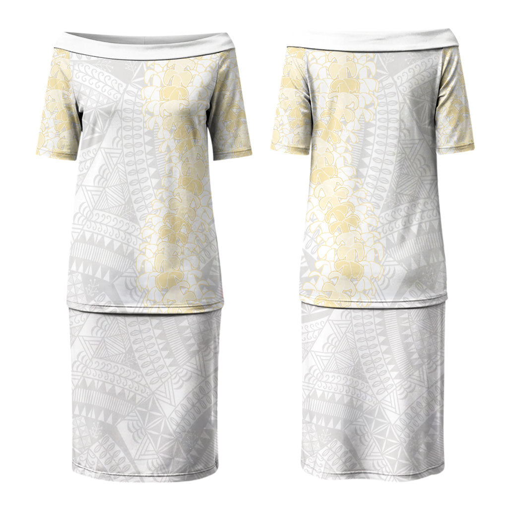 Niue White Sunday Couples Matching Puletasi and Hawaiian Shirt Niuean Hiapo With Puakenikeni Lei