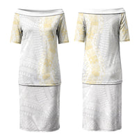 Niue White Sunday Couples Matching Puletasi and Hawaiian Shirt Niuean Hiapo With Puakenikeni Lei