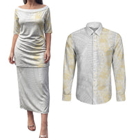 Niue White Sunday Couples Matching Puletasi and Long Sleeve Button Shirt Niuean Hiapo With Puakenikeni Lei