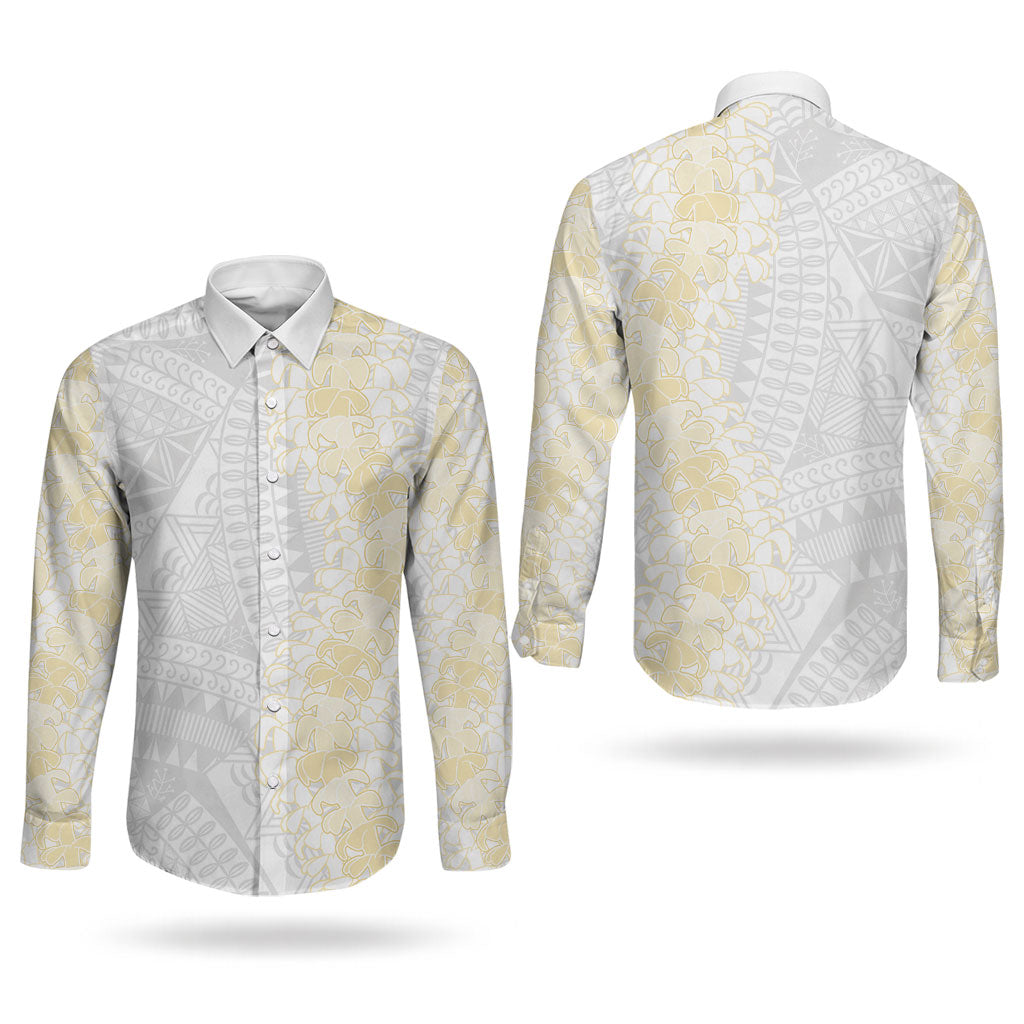 Niue White Sunday Couples Matching Puletasi and Long Sleeve Button Shirt Niuean Hiapo With Puakenikeni Lei