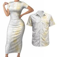 Niue White Sunday Couples Matching Short Sleeve Bodycon Dress and Hawaiian Shirt Niuean Hiapo With Puakenikeni Lei