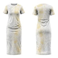 Niue White Sunday Couples Matching Short Sleeve Bodycon Dress and Hawaiian Shirt Niuean Hiapo With Puakenikeni Lei