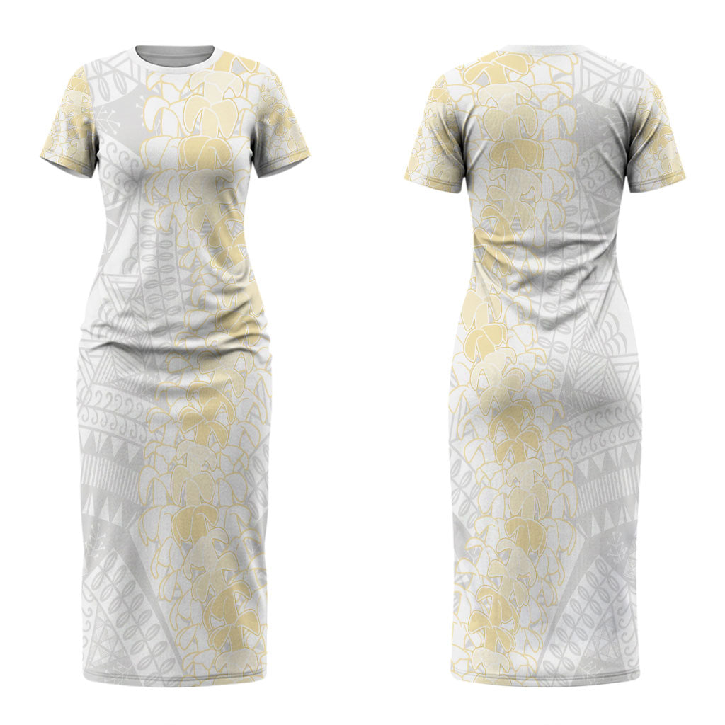 Niue White Sunday Couples Matching Short Sleeve Bodycon Dress and Long Sleeve Button Shirt Niuean Hiapo With Puakenikeni Lei