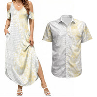 Niue White Sunday Couples Matching Summer Maxi Dress and Hawaiian Shirt Niuean Hiapo With Puakenikeni Lei