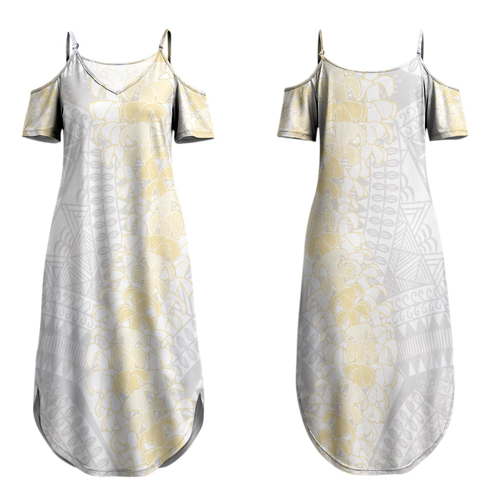 Niue White Sunday Couples Matching Summer Maxi Dress and Hawaiian Shirt Niuean Hiapo With Puakenikeni Lei
