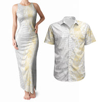 Niue White Sunday Couples Matching Tank Maxi Dress and Hawaiian Shirt Niuean Hiapo With Puakenikeni Lei