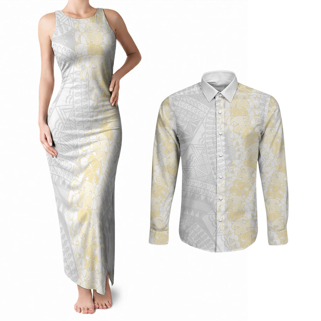 Niue White Sunday Couples Matching Tank Maxi Dress and Long Sleeve Button Shirt Niuean Hiapo With Puakenikeni Lei