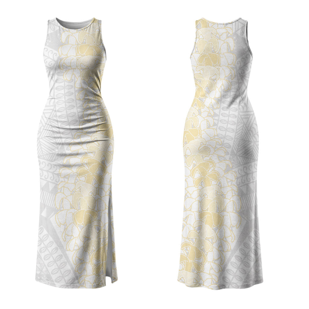 Niue White Sunday Couples Matching Tank Maxi Dress and Long Sleeve Button Shirt Niuean Hiapo With Puakenikeni Lei