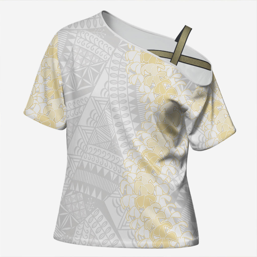 Niue White Sunday Cross Shoulder Shirt Niuean Hiapo With Puakenikeni Lei