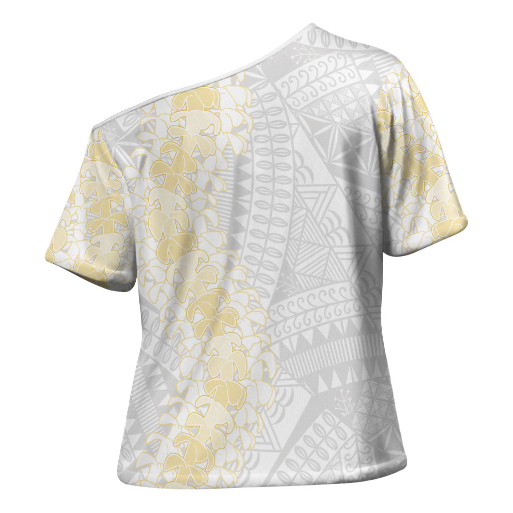Niue White Sunday Cross Shoulder Shirt Niuean Hiapo With Puakenikeni Lei