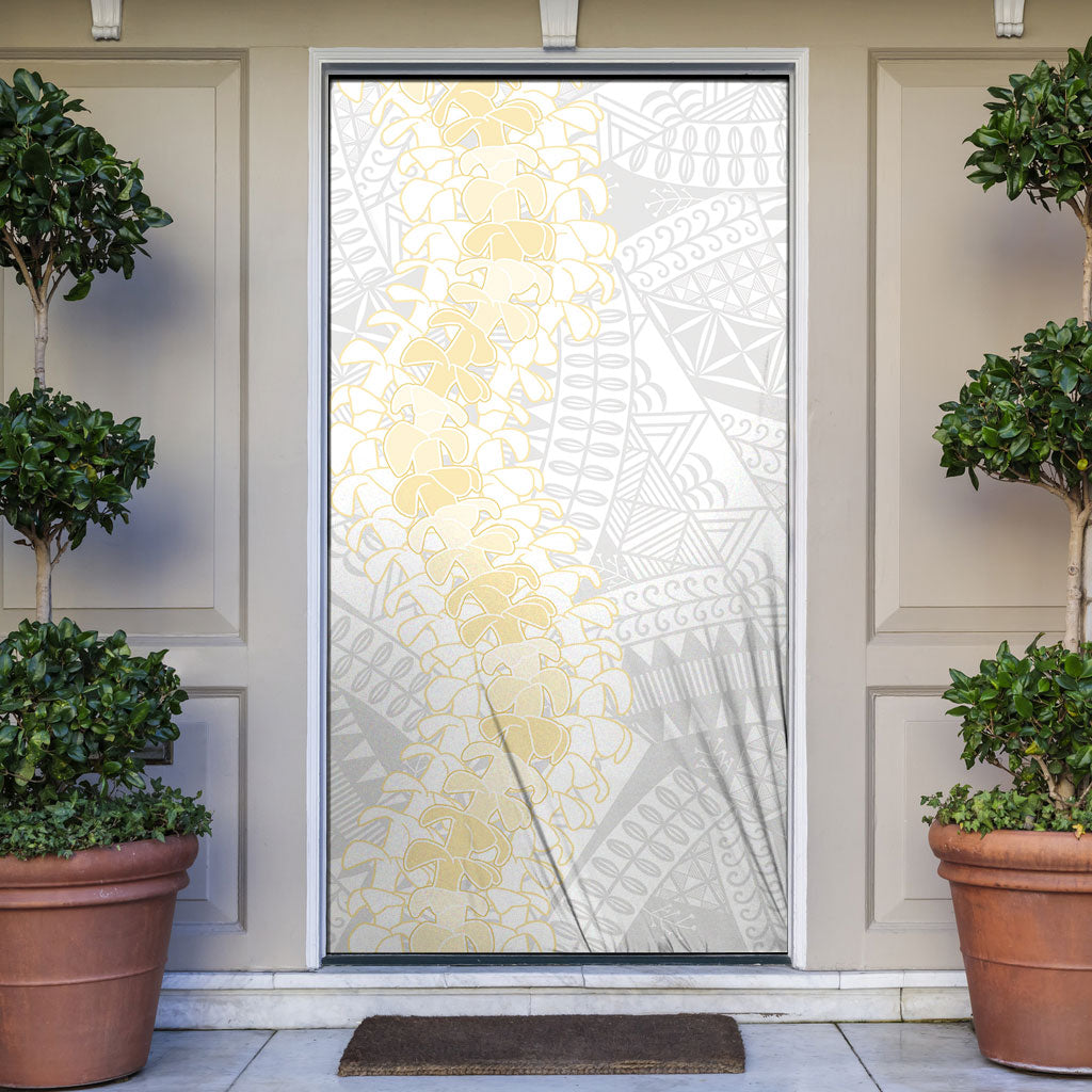 Niue White Sunday Door Cover Niuean Hiapo With Puakenikeni Lei