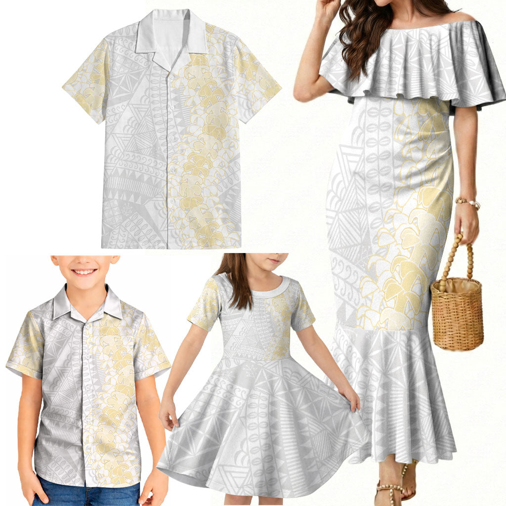 Niue White Sunday Family Matching Mermaid Dress and Hawaiian Shirt Niuean Hiapo With Puakenikeni Lei