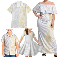 Niue White Sunday Family Matching Off Shoulder Maxi Dress and Hawaiian Shirt Niuean Hiapo With Puakenikeni Lei