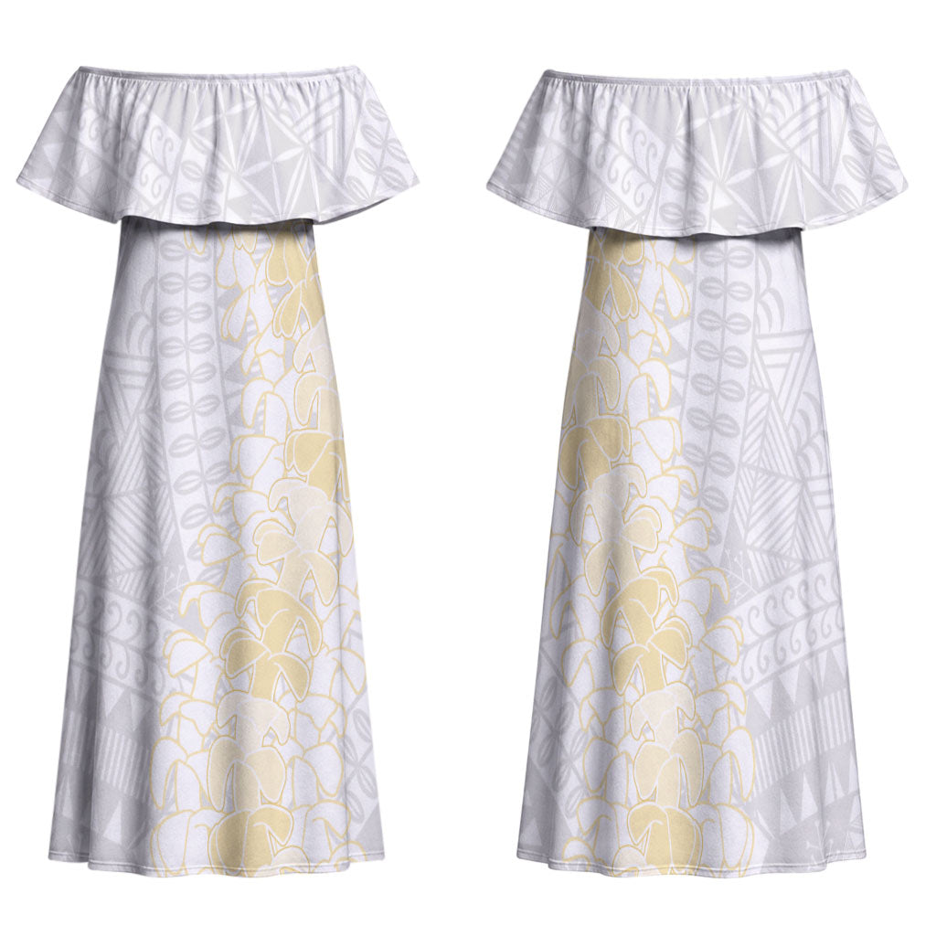 Niue White Sunday Family Matching Off Shoulder Maxi Dress and Hawaiian Shirt Niuean Hiapo With Puakenikeni Lei