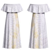 Niue White Sunday Family Matching Off Shoulder Maxi Dress and Hawaiian Shirt Niuean Hiapo With Puakenikeni Lei
