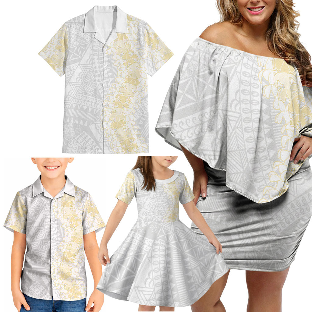 Niue White Sunday Family Matching Off Shoulder Short Dress and Hawaiian Shirt Niuean Hiapo With Puakenikeni Lei
