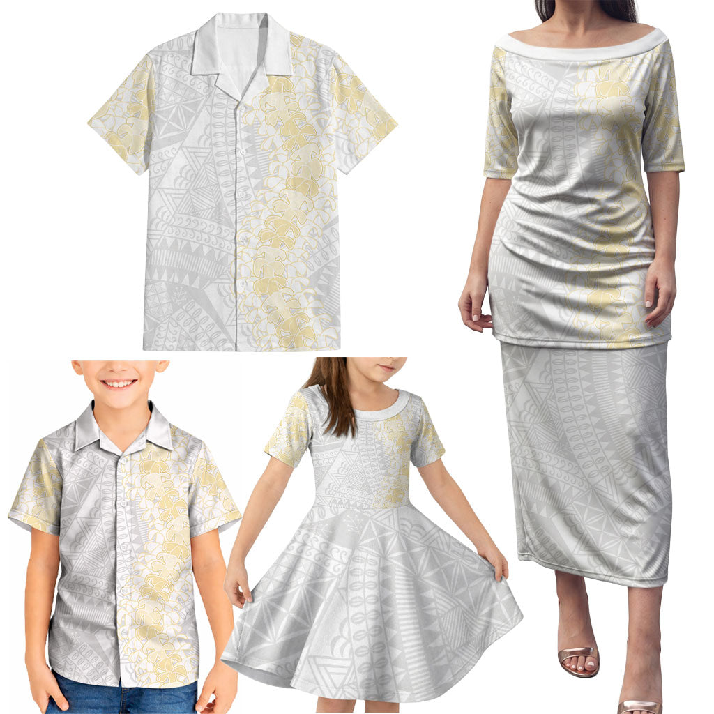 Niue White Sunday Family Matching Puletasi and Hawaiian Shirt Niuean Hiapo With Puakenikeni Lei