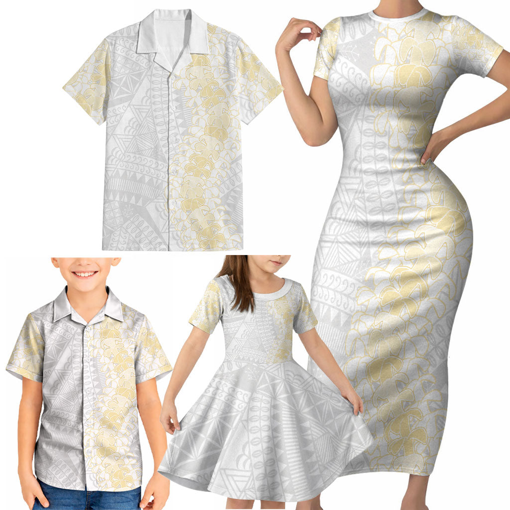 Niue White Sunday Family Matching Short Sleeve Bodycon Dress and Hawaiian Shirt Niuean Hiapo With Puakenikeni Lei
