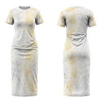 Niue White Sunday Family Matching Short Sleeve Bodycon Dress and Hawaiian Shirt Niuean Hiapo With Puakenikeni Lei