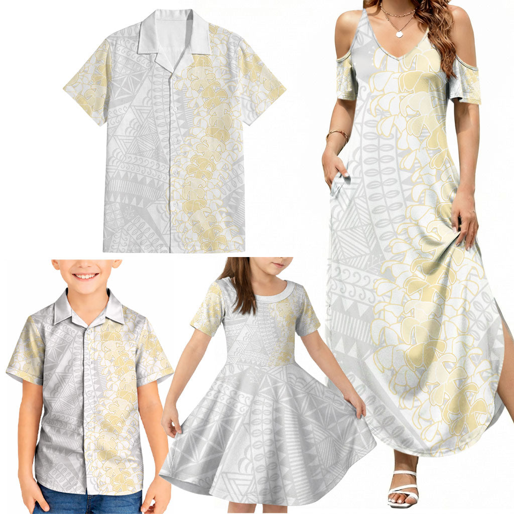 Niue White Sunday Family Matching Summer Maxi Dress and Hawaiian Shirt Niuean Hiapo With Puakenikeni Lei LT05 - Polynesian Pride