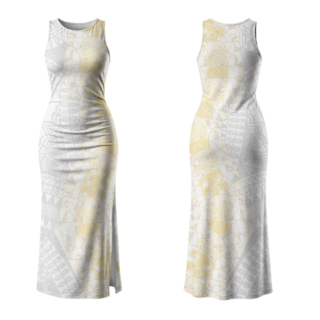 Niue White Sunday Family Matching Tank Maxi Dress and Hawaiian Shirt Niuean Hiapo With Puakenikeni Lei