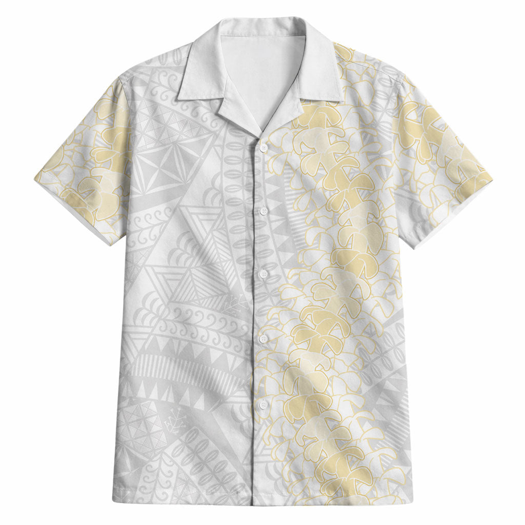 Niue White Sunday Hawaiian Shirt Niuean Hiapo With Puakenikeni Lei