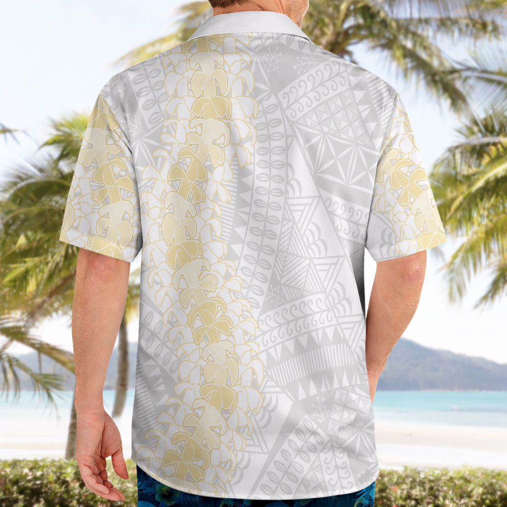 Niue White Sunday Hawaiian Shirt Niuean Hiapo With Puakenikeni Lei