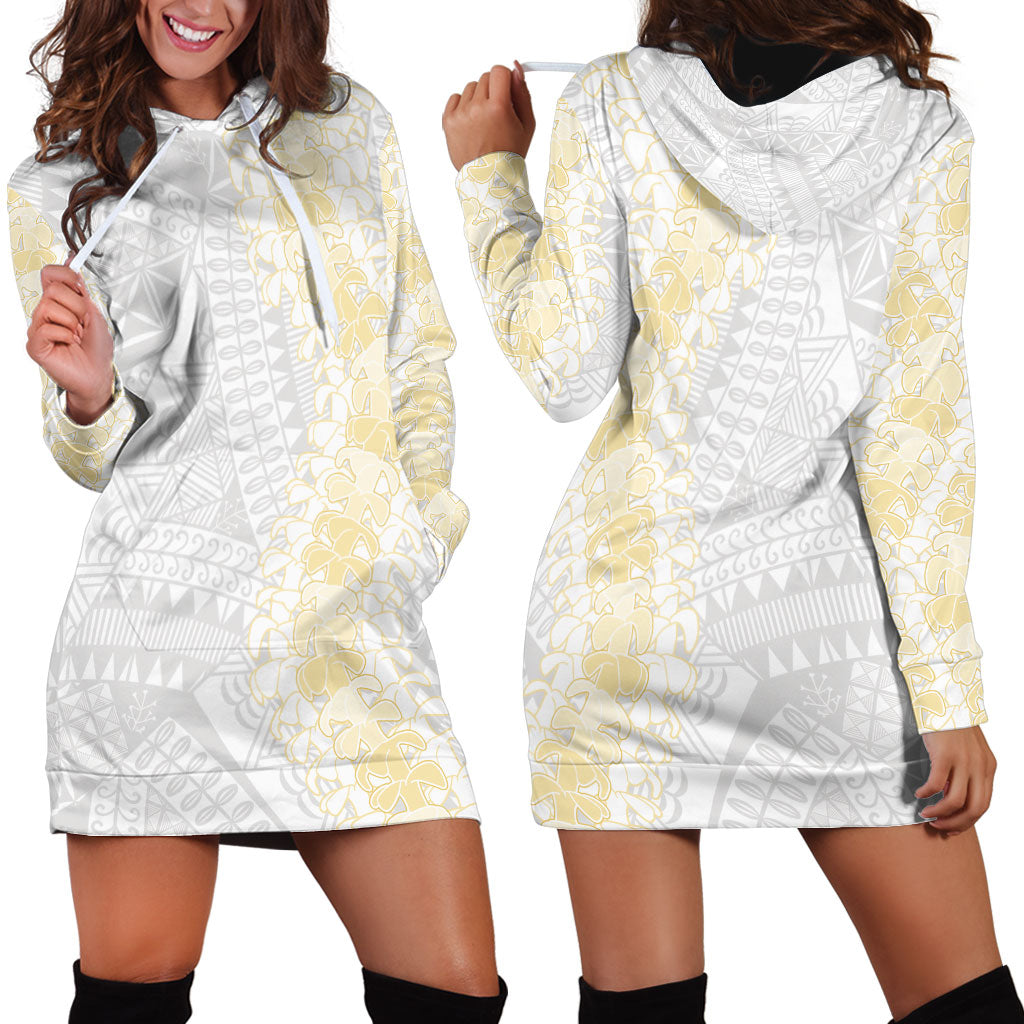 Niue White Sunday Hoodie Dress Niuean Hiapo With Puakenikeni Lei