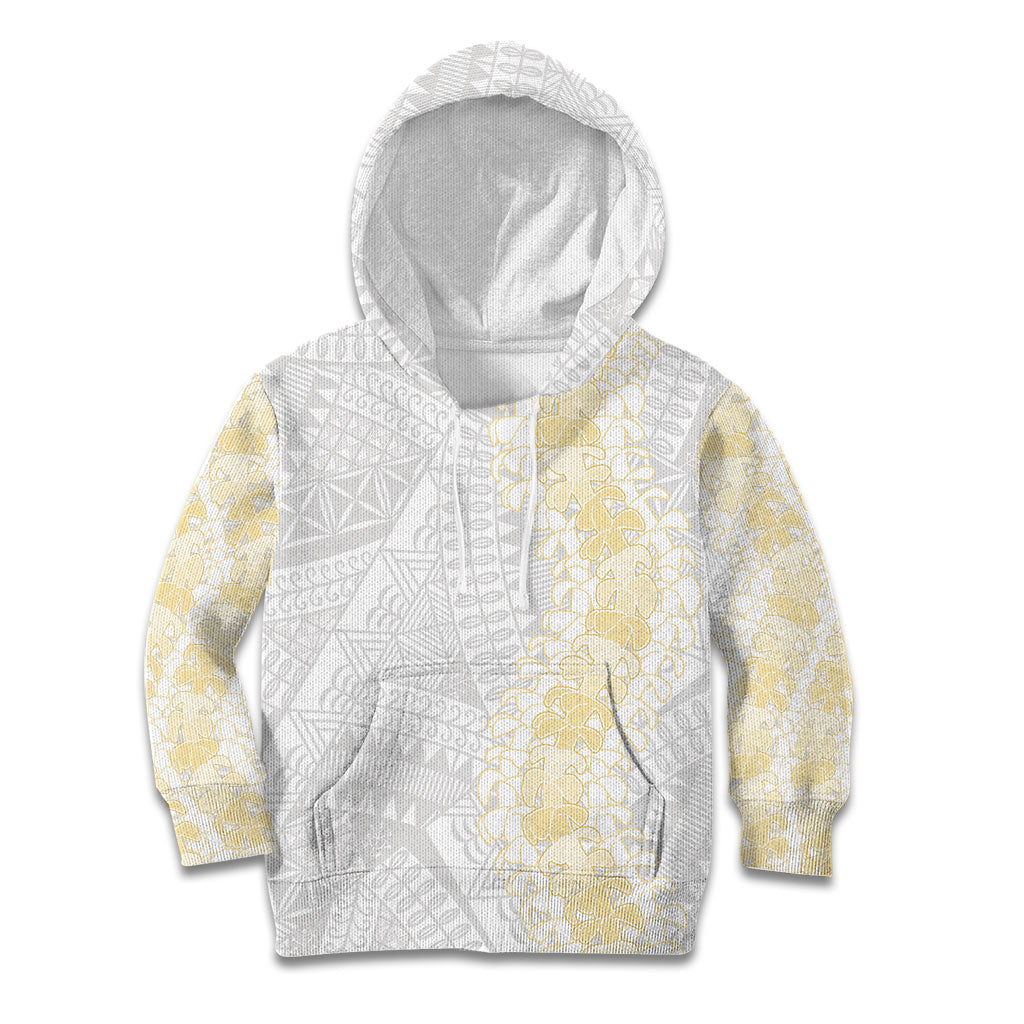 Niue White Sunday Kid Hoodie Niuean Hiapo With Puakenikeni Lei