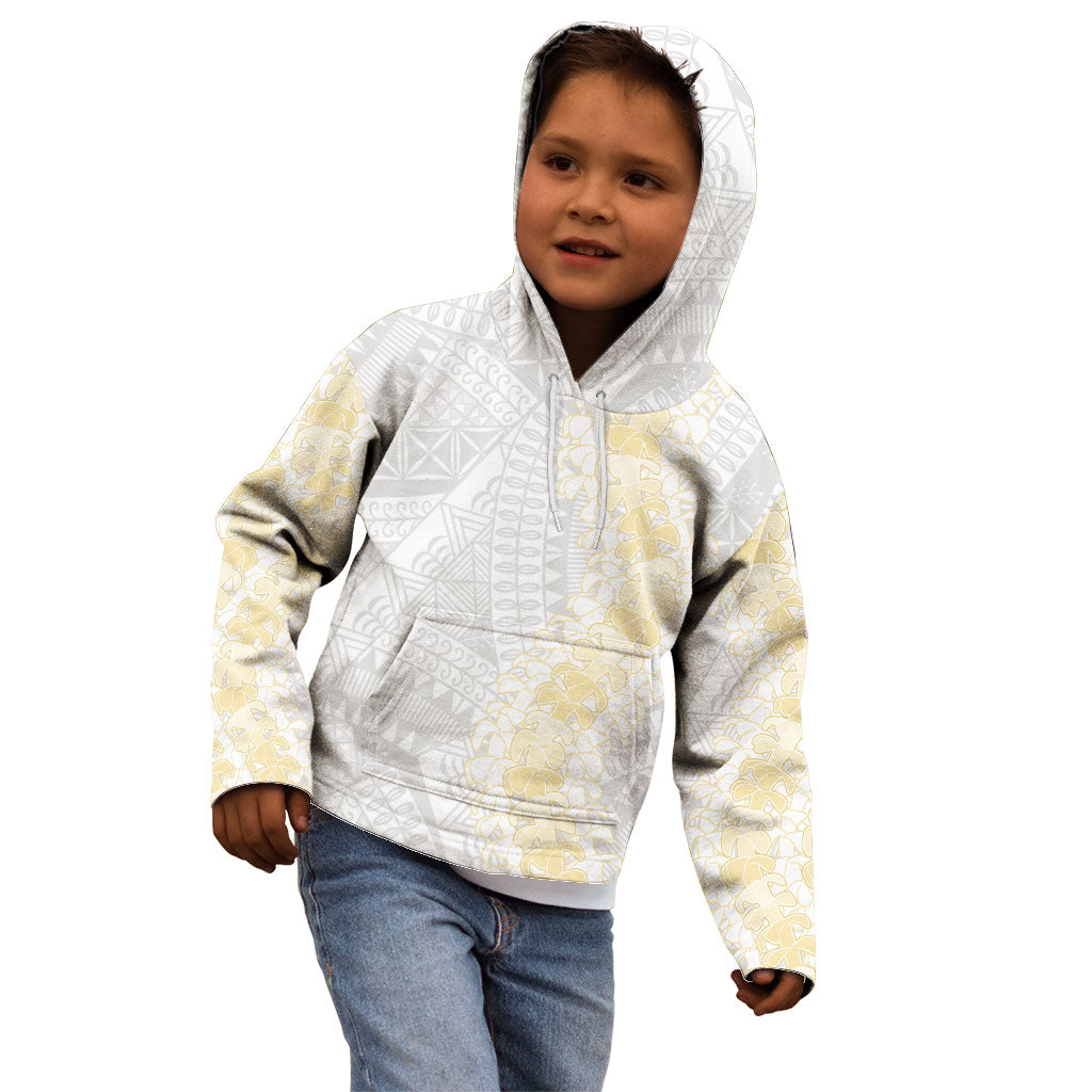Niue White Sunday Kid Hoodie Niuean Hiapo With Puakenikeni Lei