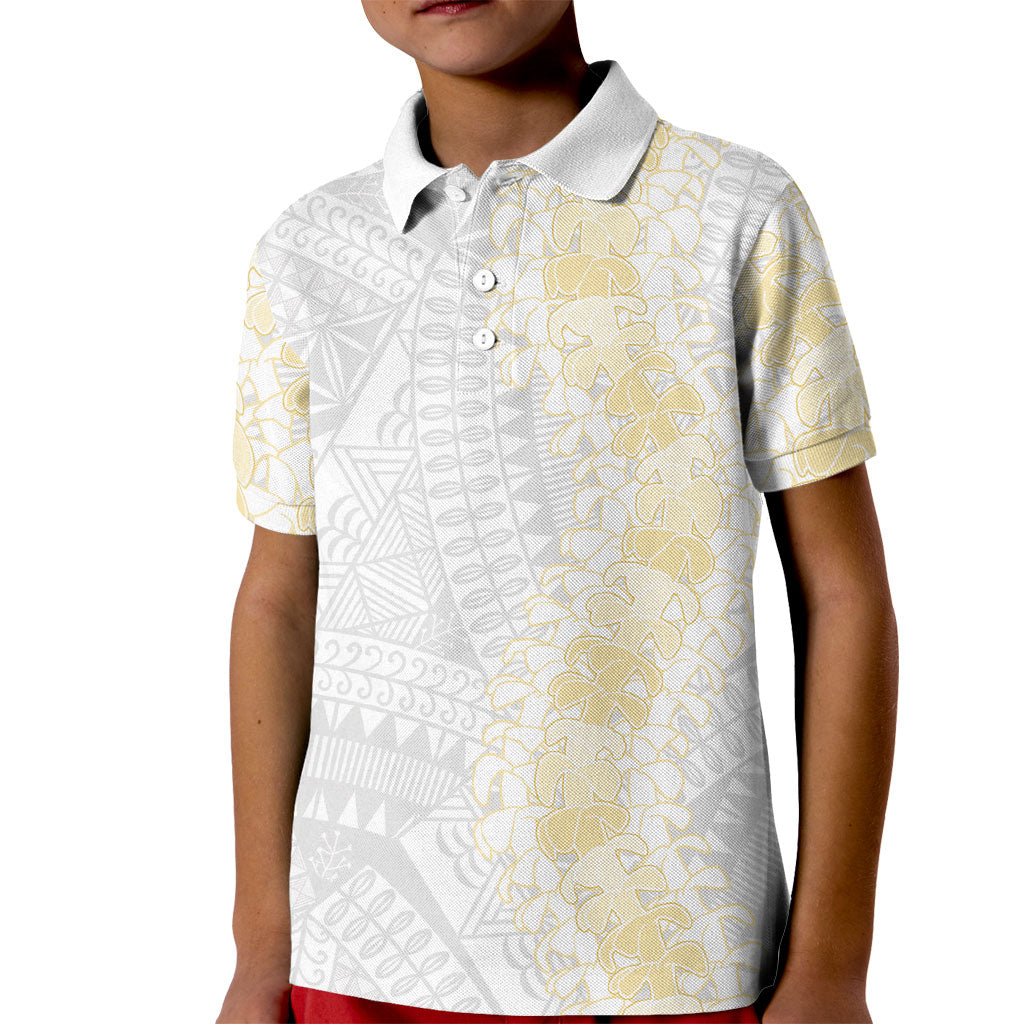 Niue White Sunday Kid Polo Shirt Niuean Hiapo With Puakenikeni Lei