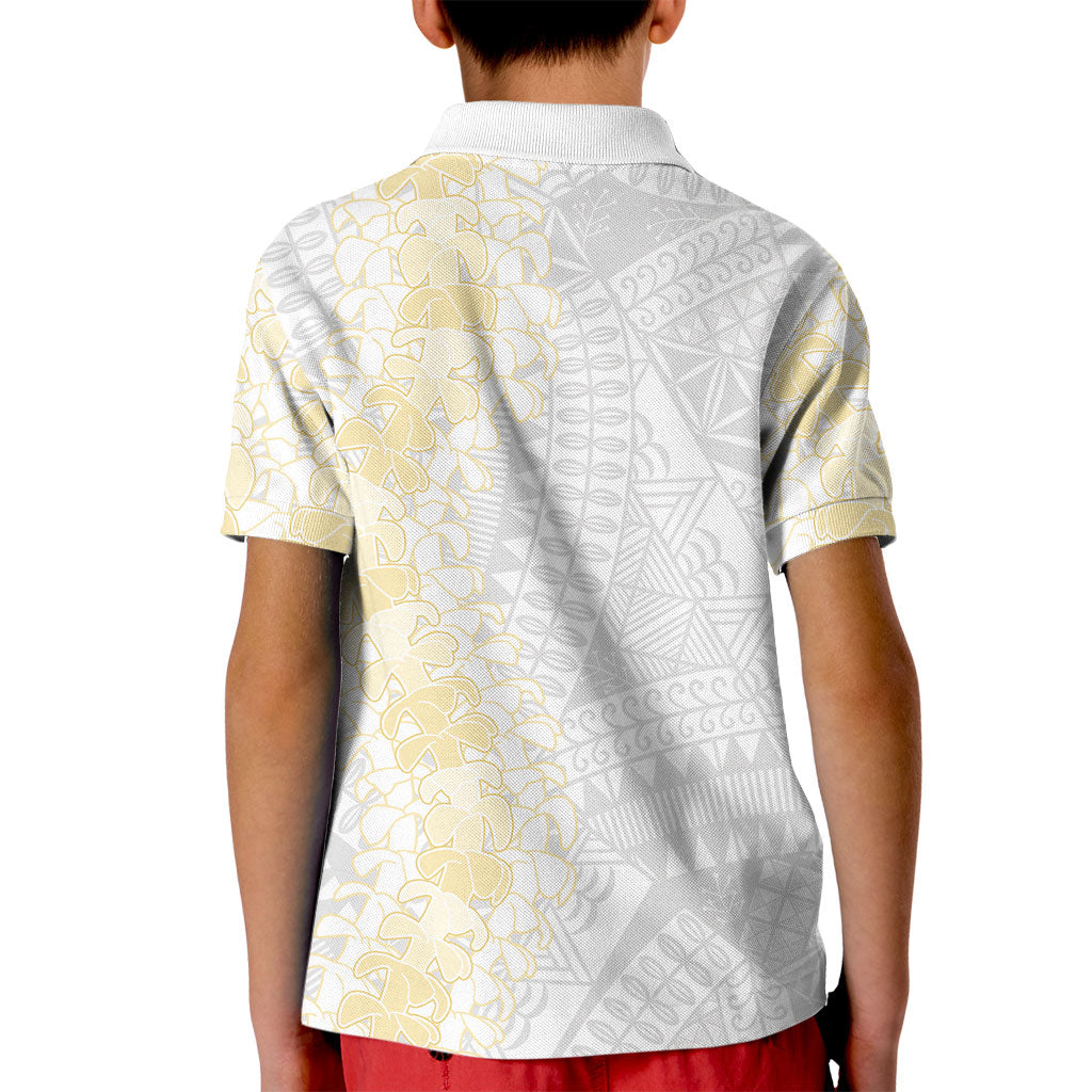 Niue White Sunday Kid Polo Shirt Niuean Hiapo With Puakenikeni Lei